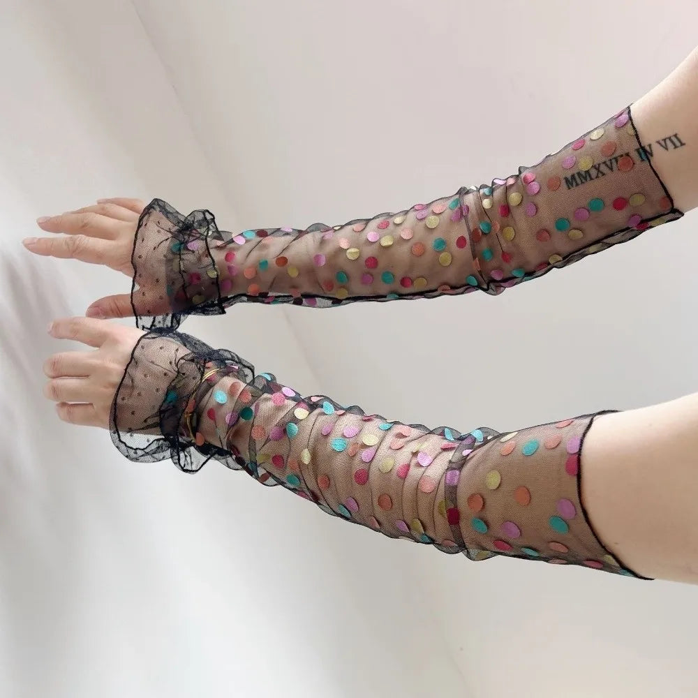 Breathable Lolita Arm Sleeves Polka Dot Pattern Transparent Mesh Sunscreen Sleeves Cloth Bow Bridal Gloves Sun Blocking Qme