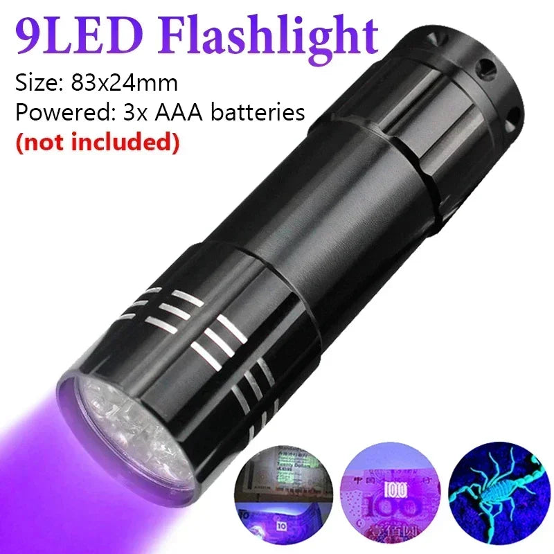 395/365nm UV Flashlight LED Ultraviolet Torch Zoomable Mini Ultra Violet Lights Inspection Lamp Pet Urine Stain Detector Tools Qme 9 Leds
