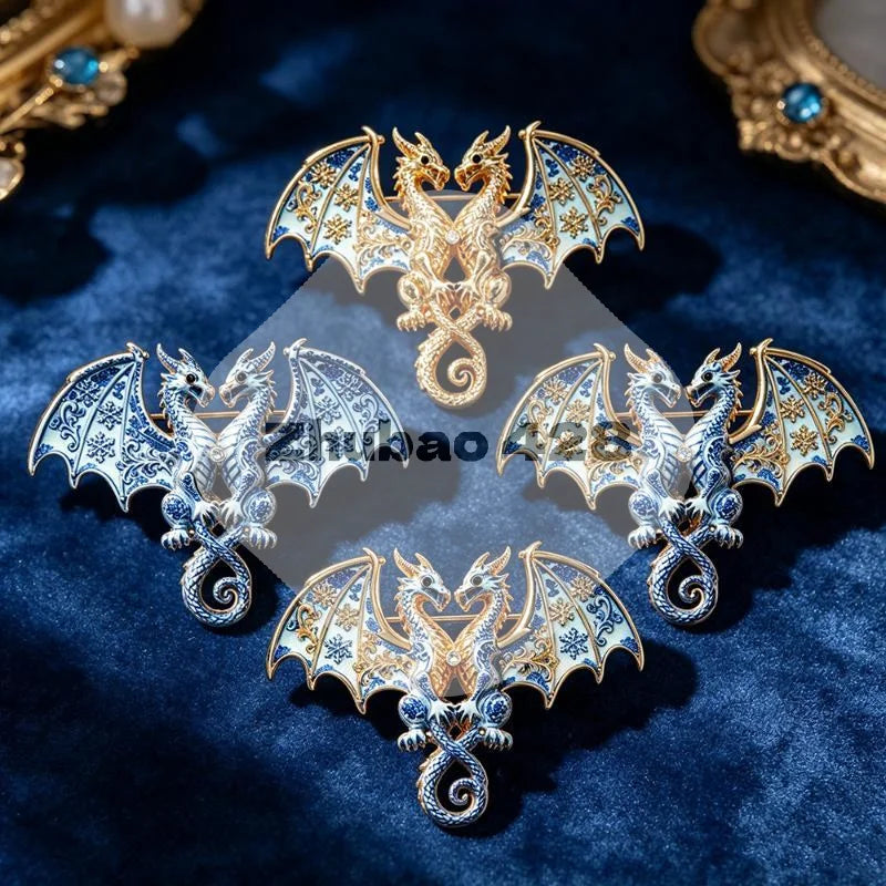 1Pcs Animal Double Headed Dragon Design Brooches for Men and Women Blue-and-White Porcelain-Inspired Jewelry Fashion Accessories Qme