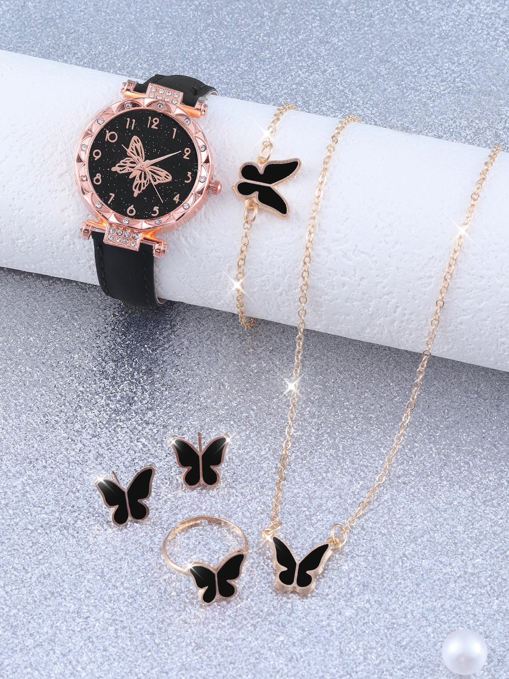 Casual fashion big black butterfly ladies quartz watch and alloy butterfly set every day dress gift Qme