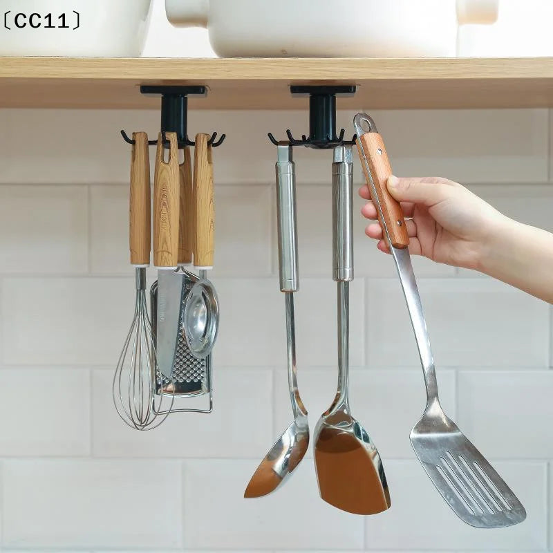 Adhesive Under Cabinet Kitchen Utensil Hanger 360 Rotation 6 Hooks Qme