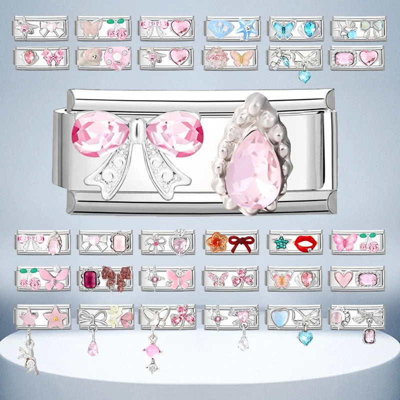 Wholesale Colored Gemstone Bowknot Water Drop Heart Italian Charm Link Stainless Steel Fit 9mm Bracelet Jewelry DIY Making Gifts Qme