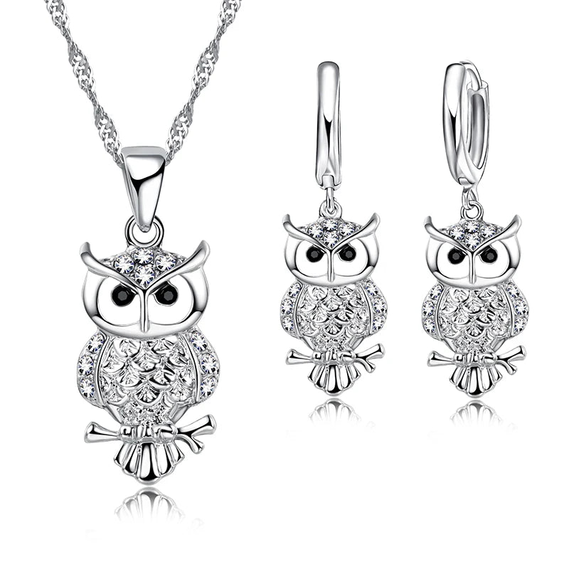 Shining Full African AAA Crystal Owl Pendant Necklace Earrings Sets Women Best Gifts 925 Sterling Silver Color Party Accessory Qme Default Title