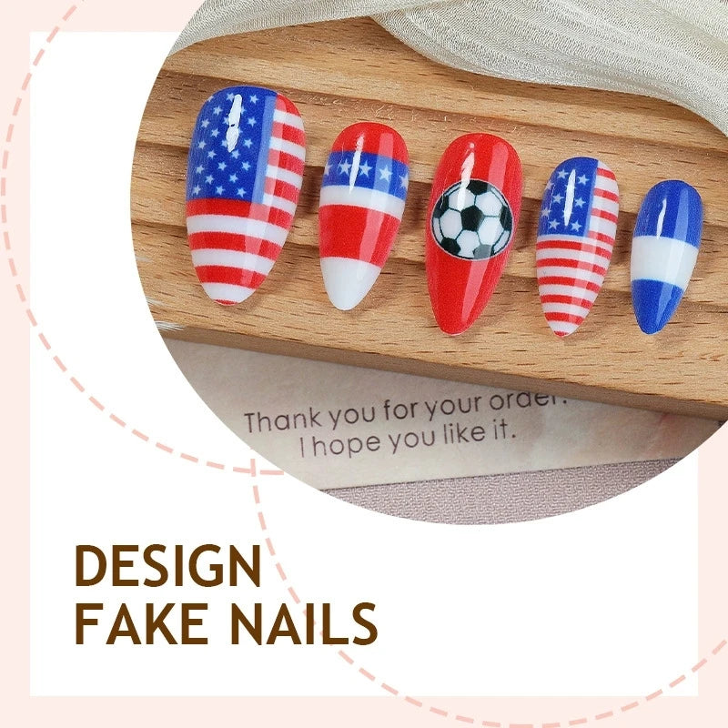 American USA National Team Sports Fan High Class Almond False Press On Nails US National Flag Themed Decorative Artificial Nail Qme