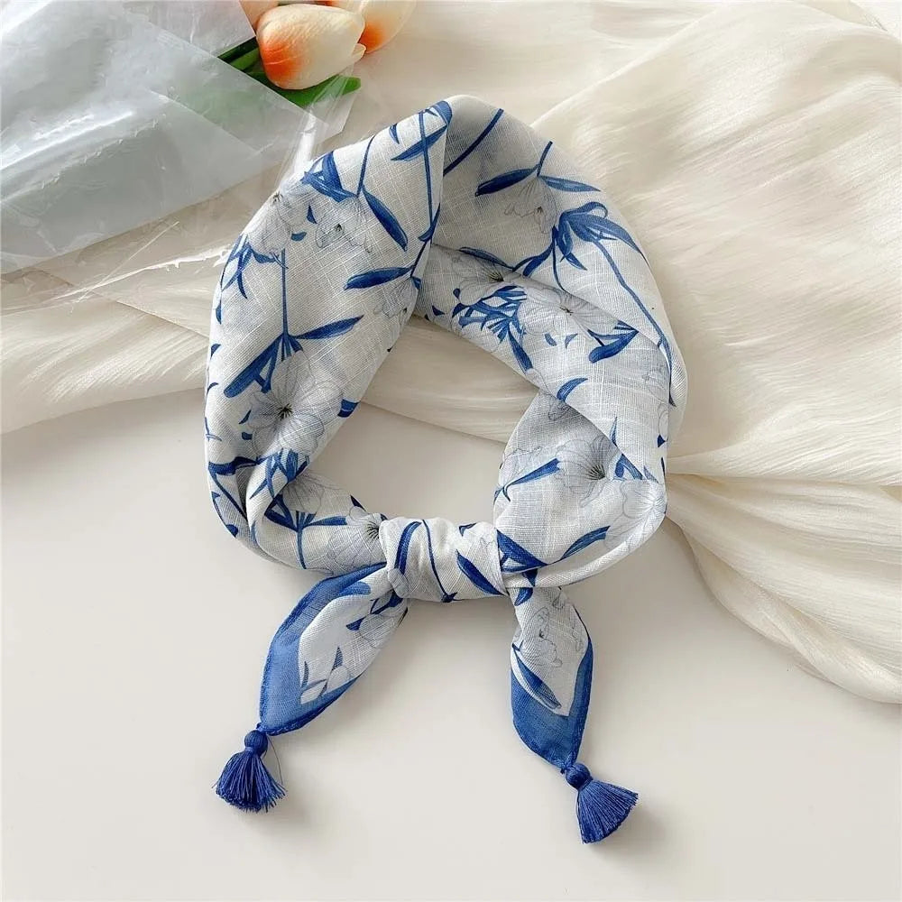 Neck Wrap Cotton-linen Square Scarf Fringed Breathable Hair Bandana Qme Style 9