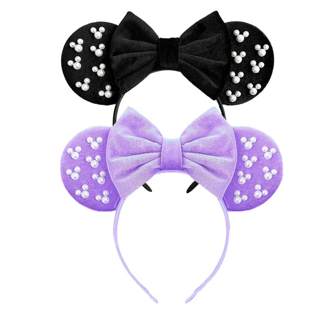 White Pearls Mickey Ears Hair Accessories for Girls Solid Color Soft Cotton Bow Headbands Women Minnie Mouse Hair Accessorie Qme Headband 12
