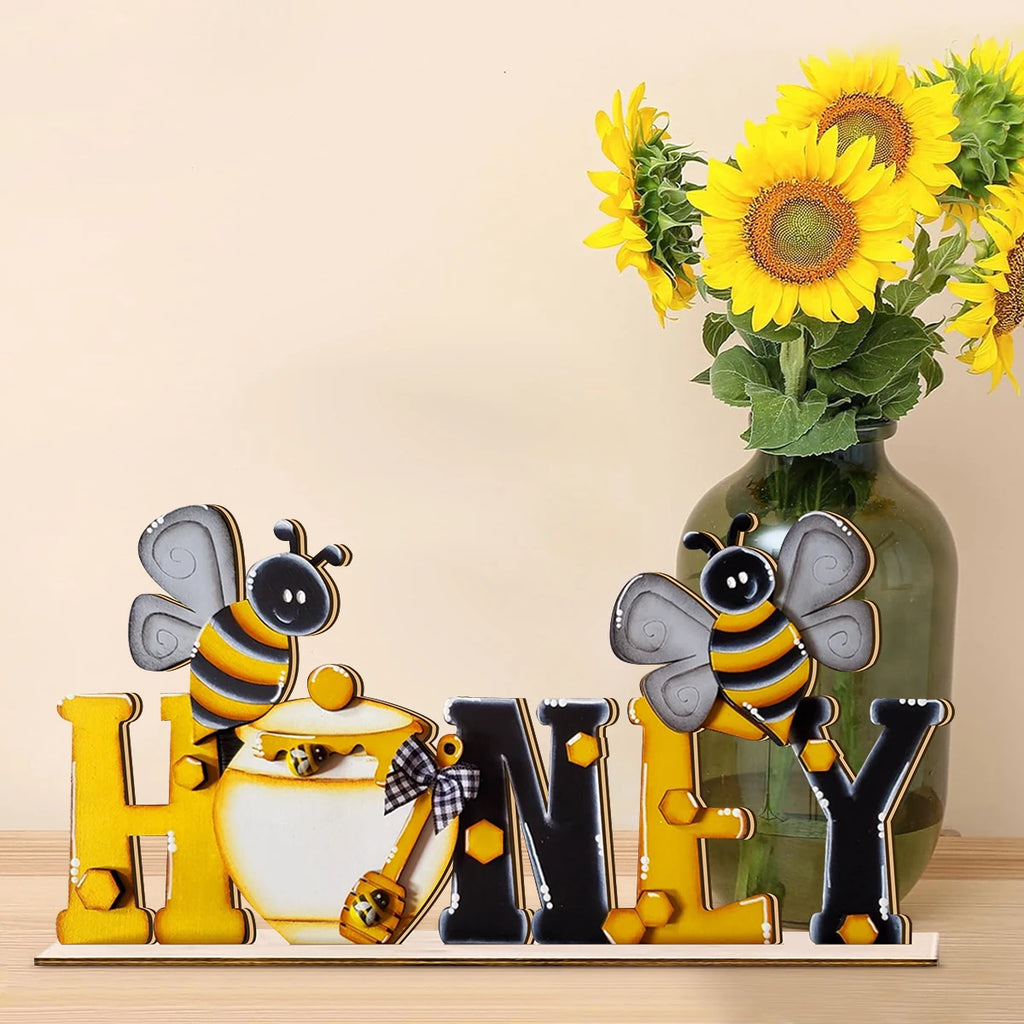 1SET 3D summer bee wooden desktop decoration, HONEY cartoon bee letters, home desktop decoration Qme
