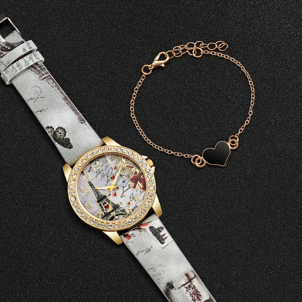 Relógio de couro PU Torre Eiffel Quartz, pulseira em forma de coração, relógio de moda, caixa não incluída, 2 peças por conjunto Qme