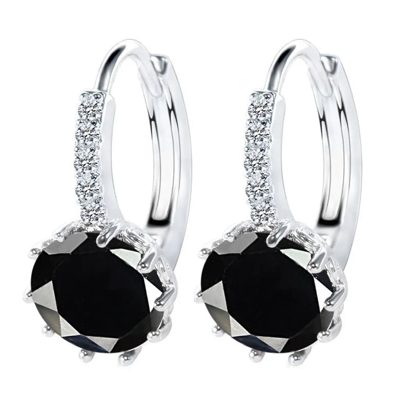 Big Sale 925 Sterling Silver Color Loop Hoop Earrings Candy Cubic Zircon Charms Women Jewelry Wedding Accessory Brincos Qme Black round