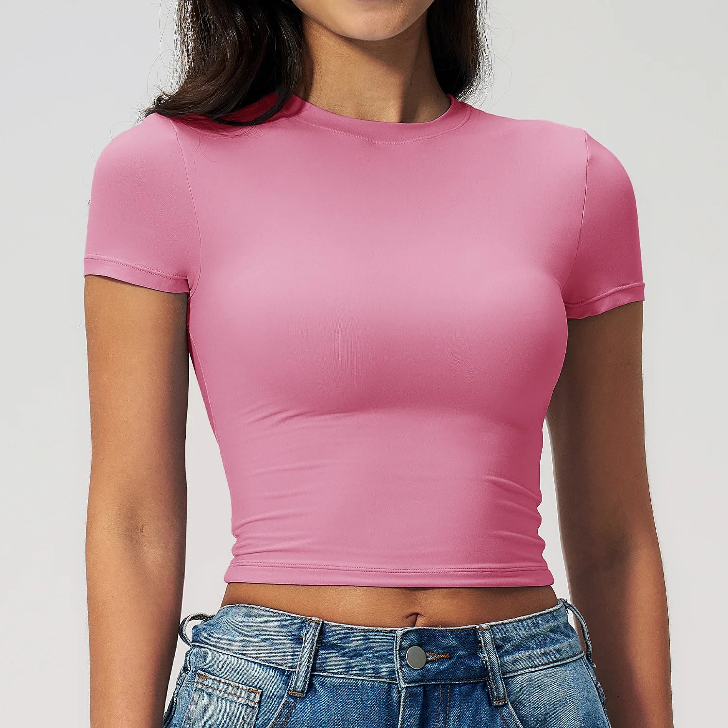A Women Running Sports T Shirt Summer Short Sleeve Round Neck Breathable Stretchy GYM Yoga Slim Fitness Active Top Tee Qme powder S