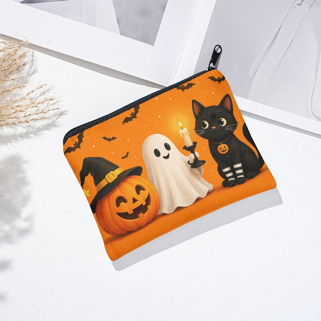 Cute Halloween Pumpkin Ghost Black Cat Canvas Coin Purse Zipper Small Pouch Wallet for Cards Keys Change Holiday Gift Qme