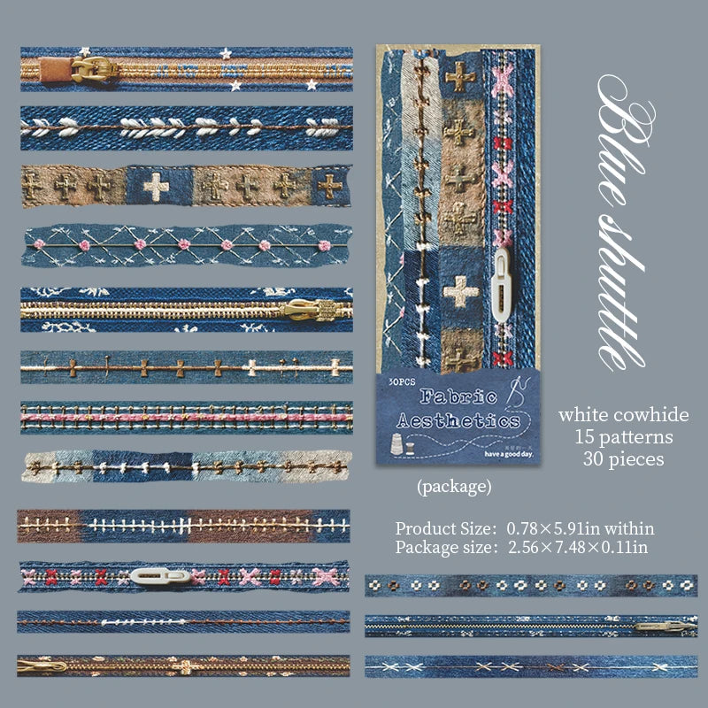 30 Sheets/Bag Fabric Aesthetics Theme Long Strip Scene Sticker Pack for DIY Craft, Scrapbook Material, Birthday Gift Qme 1