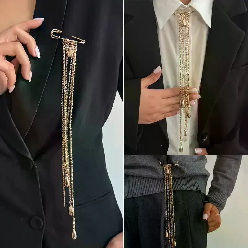 Exaggerated Water Droplet Fringe Tassel Chain Brooch Metal Chain Clothing Tie Pin Bead Fixed Ornament Banquet Party Jewelry Gift Qme
