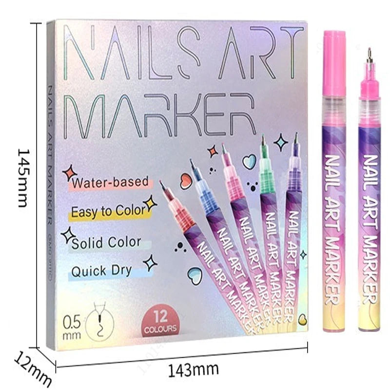 Nail Art Graffiti Pen Set Nail Marker Drawing Acrylic Paint Pens Waterproof Nail Painting Manicure Extra 0.5m Fine 12 Colors Qme 12 Colors