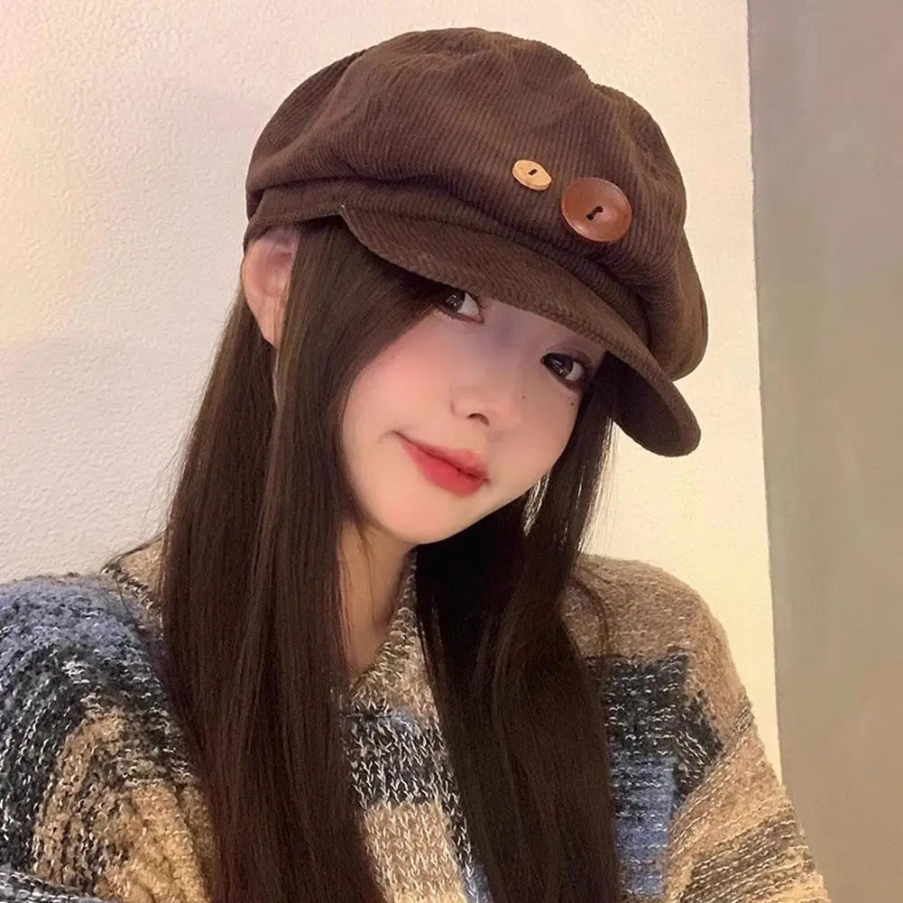Retro Button Corduroy Octagonal Cap For Women Painter Artist Hat Japanese Girls Brown Peaked Caps Autumn Winter Berets Qme