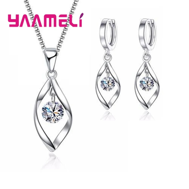 CZ Necklace Earring Bridal Jewelry Sets Wholesale S925 Sterling Silver Color Shining Cubic Zircon Water Drop Wedding Engagement Qme White 1