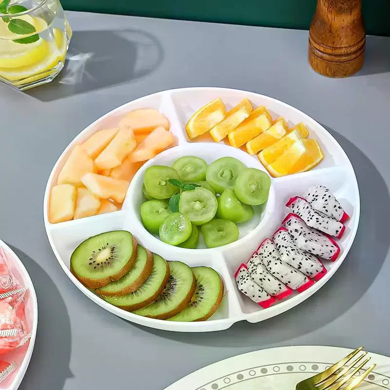 Portable Plastic Food Storage Tray Reusable Round Shape Divided Dinner Plate 5-Compartment Snack Container Plate Household Use Qme