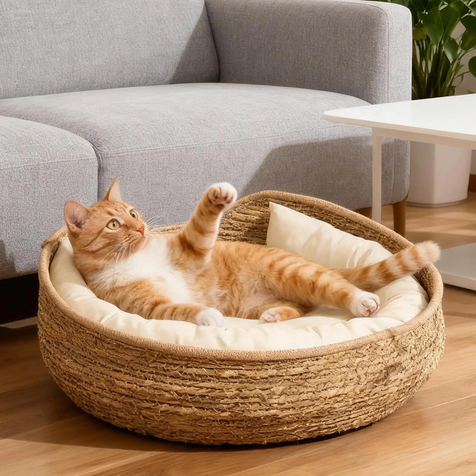 Cat Basket Cotton Rope Round Bed for Cat Sleep with Pillow All Season Indoor Weaving Pet Resting Scratching Sleeping Furniture Qme