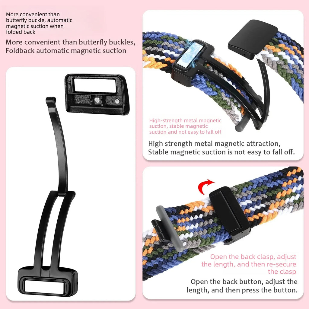 A Adjustable Nylon Braided Watch Strap with Folding Buckle Magnetic Wristband for Samsung Watch 5 6 7 Huawei GT5 GT6 Qme