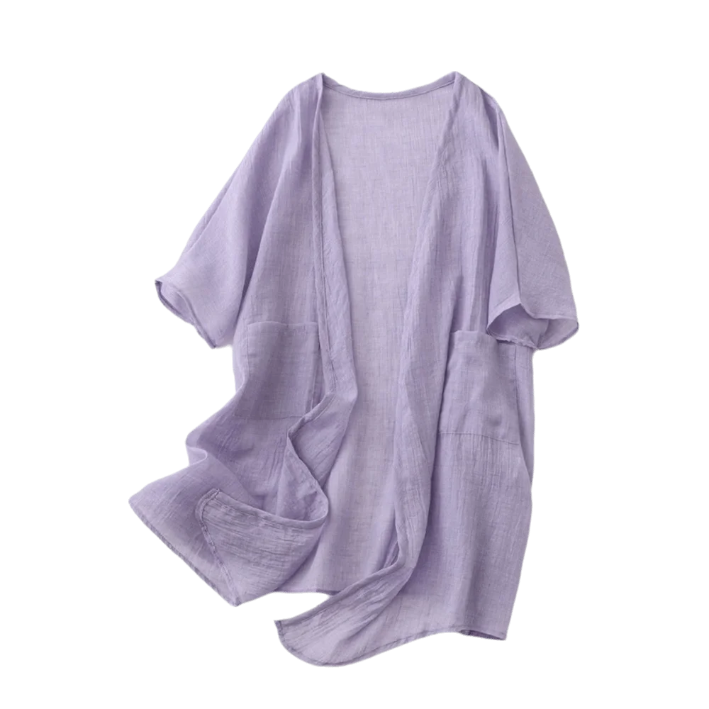 Solid Short Sleeved Linen Cardigan Loose Front Opening Summer Shirt Qme Purple XXL