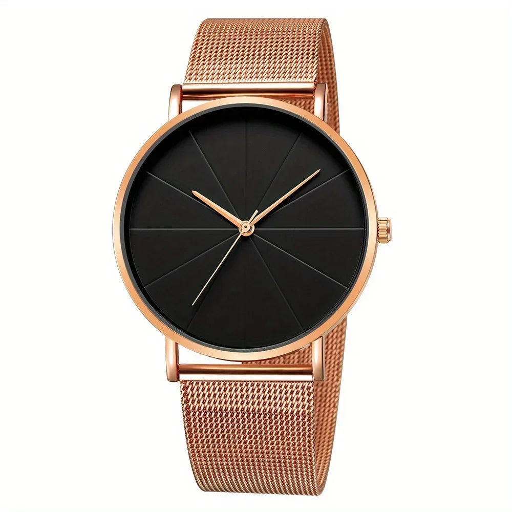 Casual Round Pointer Quartz Watch Large Geo Dial Analog Mesh Strap Wristwatch For Women Men Qme