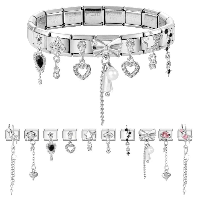 Women Zircon Pink Black Shiny Stars Heart Bow Pearl Pendant Italian Charm Links Fit 9mm Stainless Steel Bracelet DIY Making Gift Qme