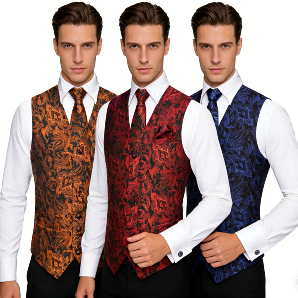 Mens Royal Blue Red Bronwn Orange Vest Tie Hanky Cufflinks Paisley Qme