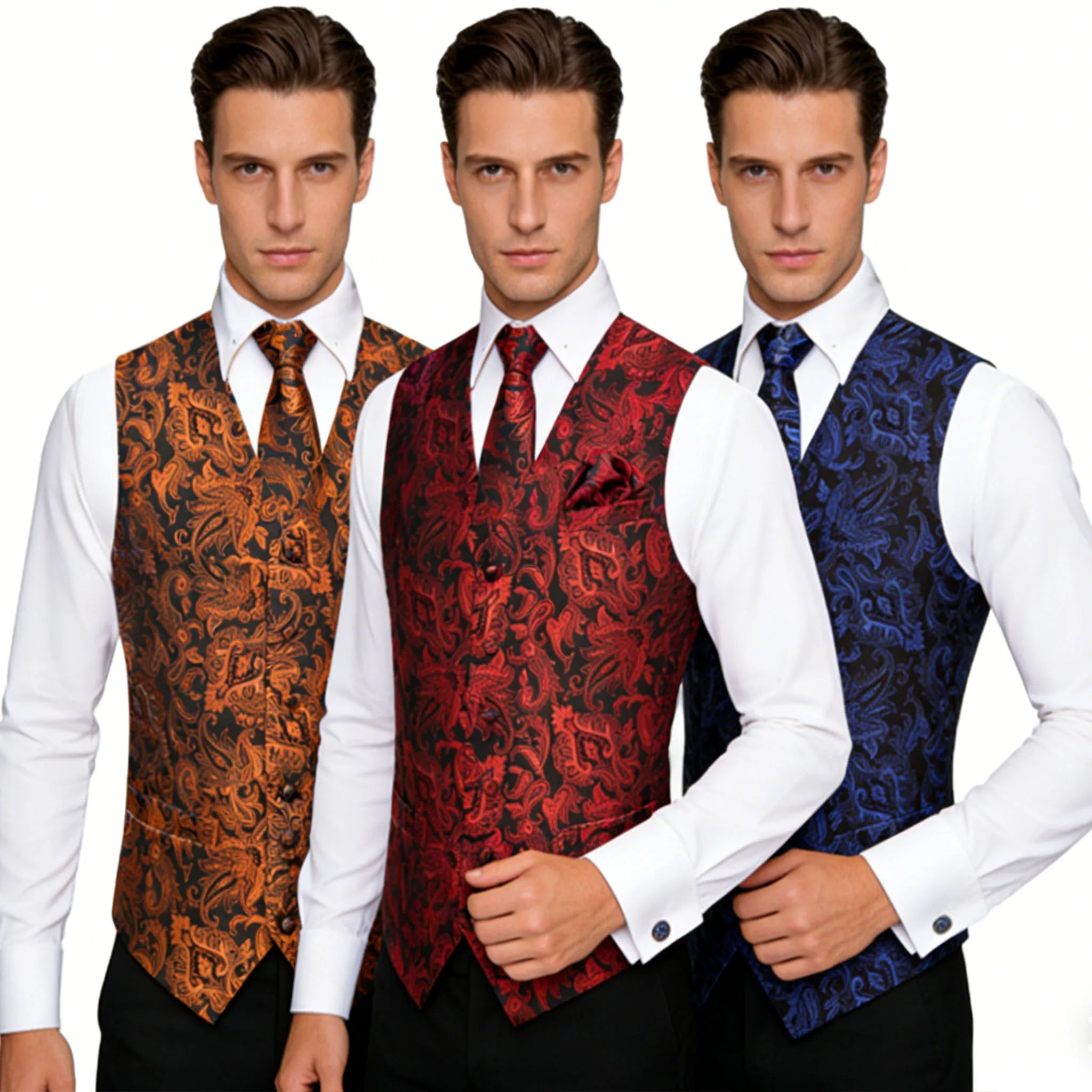 Mens Royal Blue Red Bronwn Orange Vest Tie Hanky Cufflinks Paisley Qme