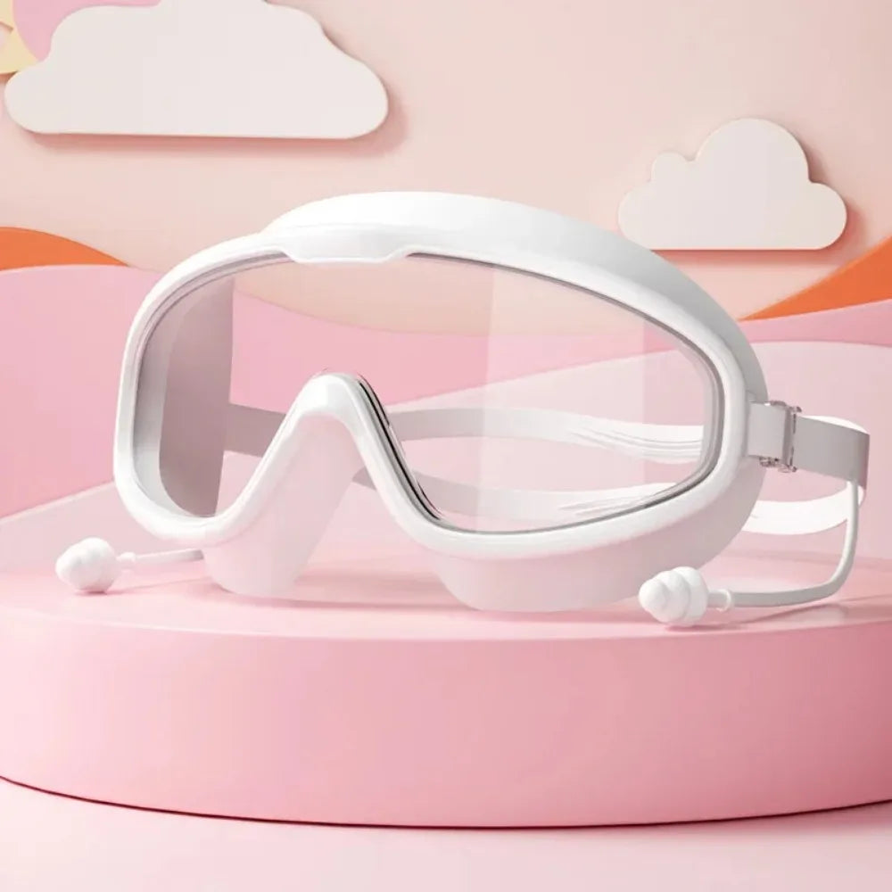 Swimming Goggles Silicone Swim Glasses Big Frame Earplugs Men Women Qme White Children