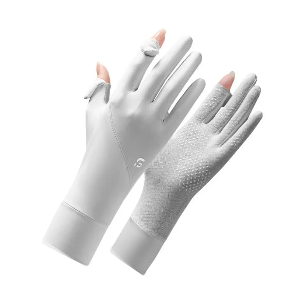 Ice Silk Women Sunscreen Gloves Thin Elastic Touch Screen Ice Silk Gloves Exposed Finger Breathable Cycling Driving Gloves Qme