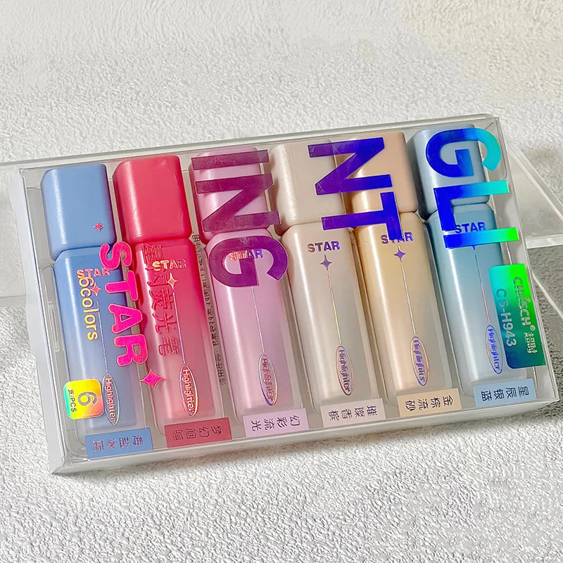 6 Pack Glitter Highlighters,Assorted Colors, Chisel Tip Aesthetic Highlighters, Ins Cute Markers Qme 6 colors