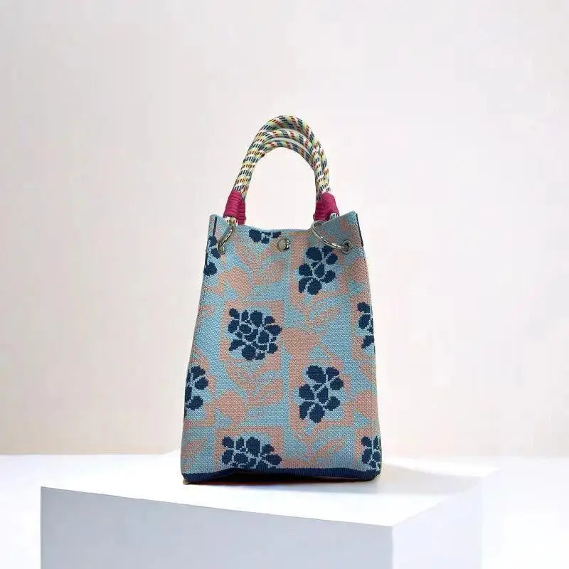 Mini Knitted Bucket Bag Women Small Handbag Geometric Colorblock Wristlet Purse With Detachable Handle 1PC Qme style 7