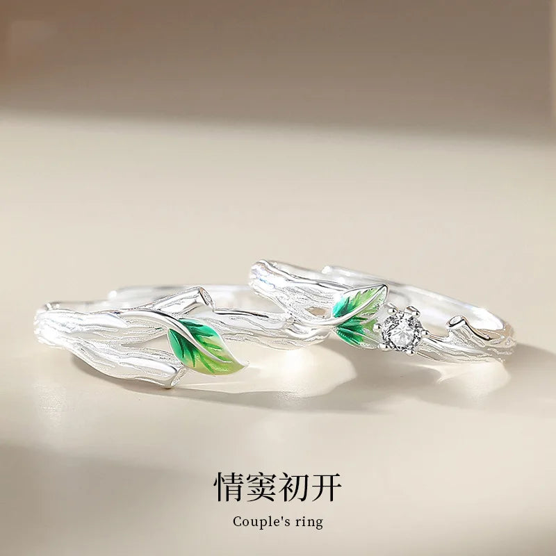 Sweet Simple Green Leaves Young Couple Ring For Women Lover Silver Color Open Resizable Rings Romantic Wedding Jewelry Qme