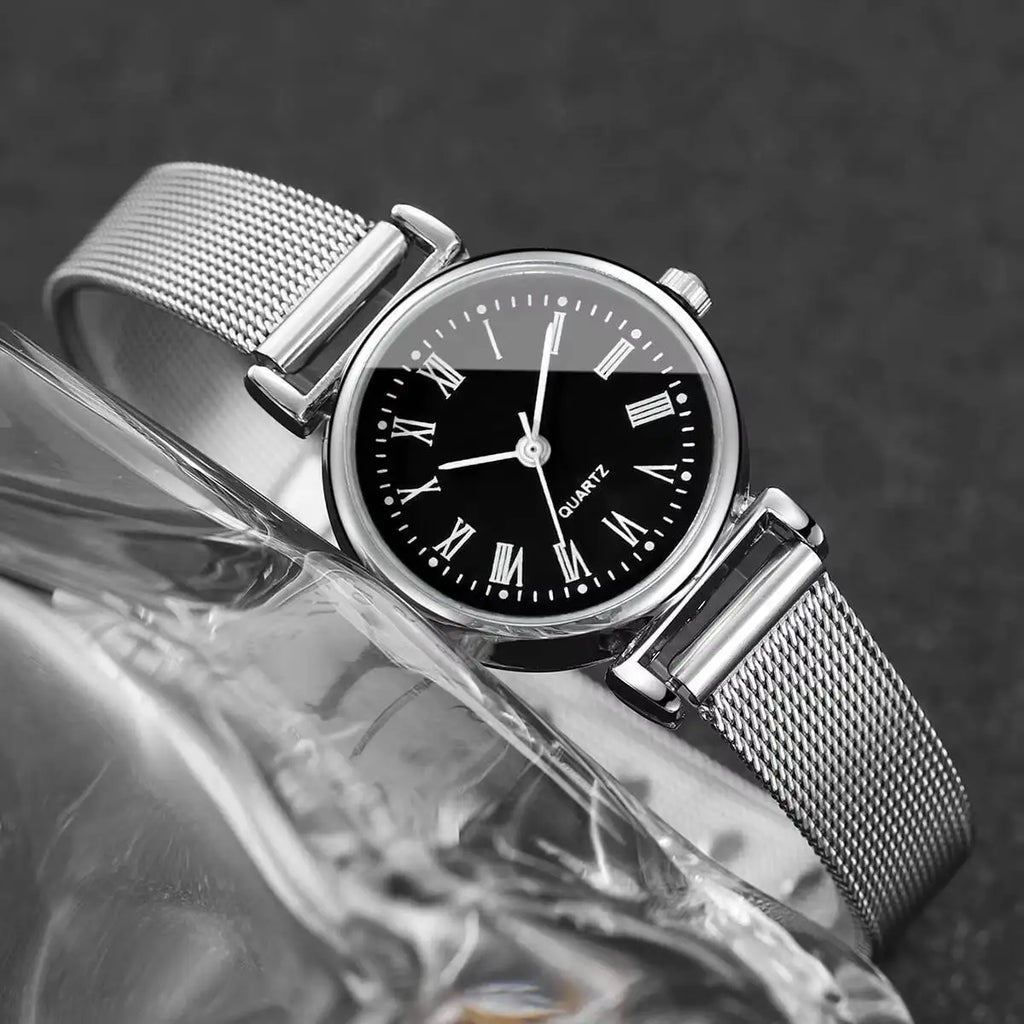 3PCS Fashion Roma Dial Women Watches Silver Mesh Band Quartz Wristwatches Jewelry Set Qme