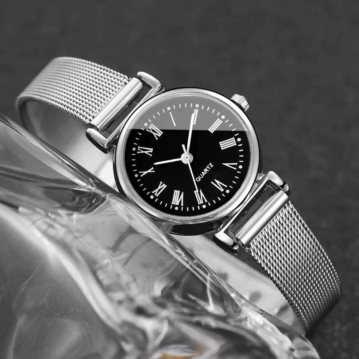 3PCS Fashion Roma Dial Women Watches Silver Mesh Band Quartz Wristwatches Jewelry Set Qme