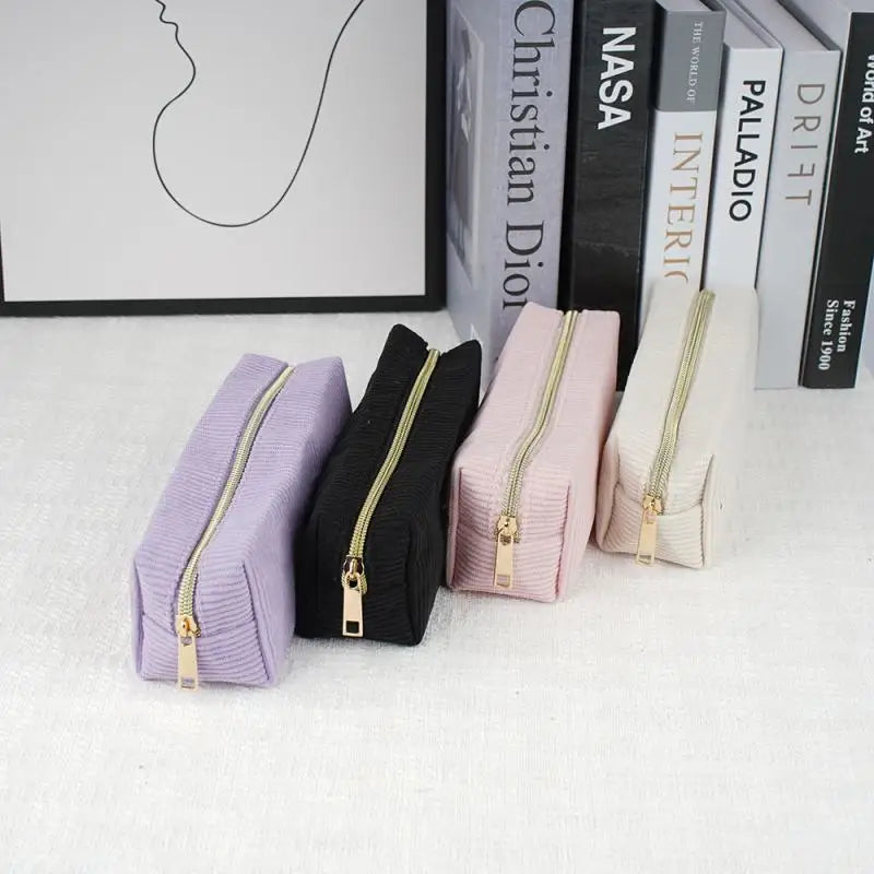 Vintage Simple Solid Corduroy Pencil Case Large Capacity Stationery Qme