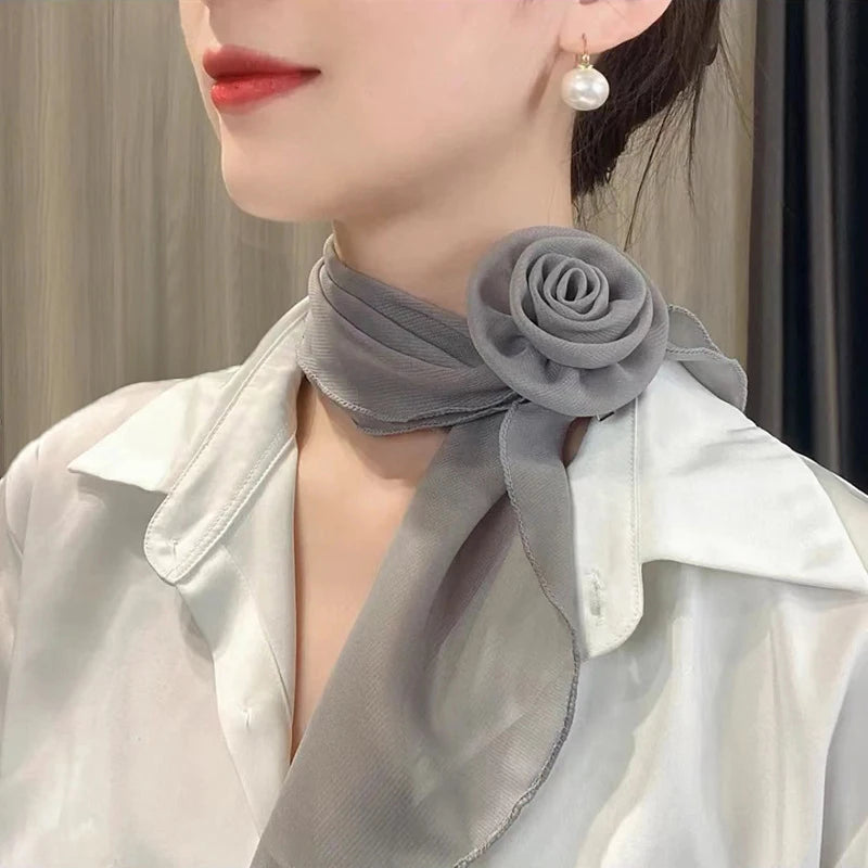 Versatile Rose Design Silk Scarf Soft Neckerchief Girls Women Long Qme
