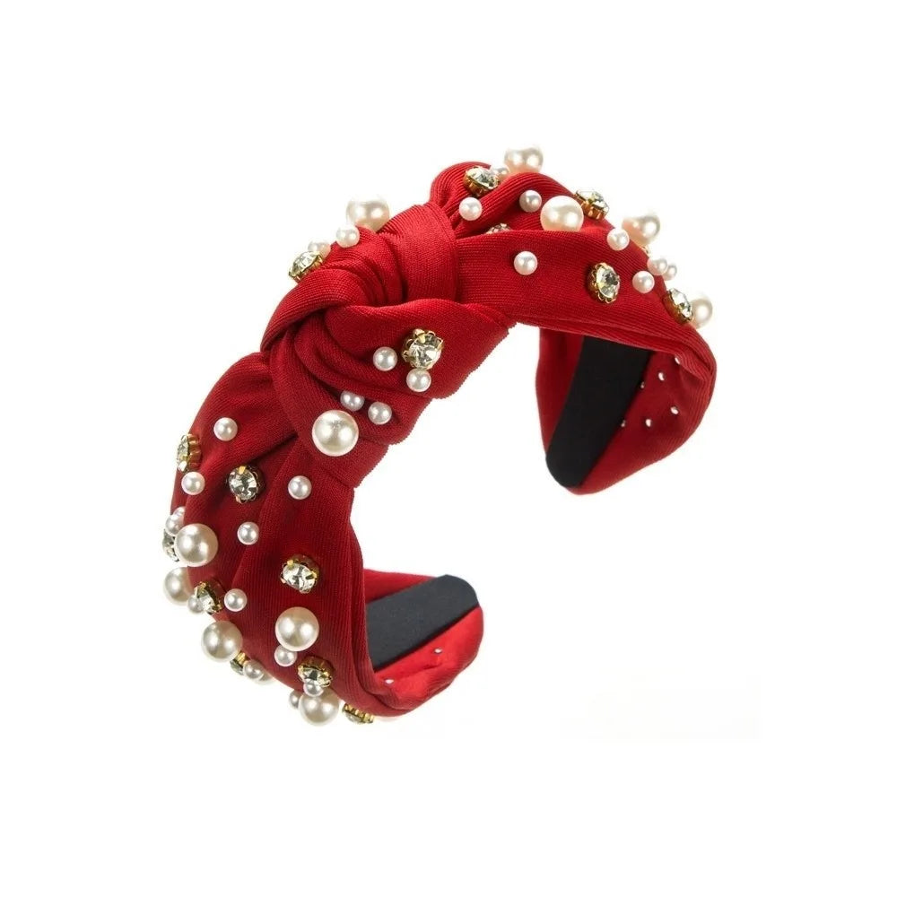 Solid Color Rhinestone Pearl Hairband Wide Edge Nail Pearl Head Hoop Hair Ornament Knot Style Baroque Headband Hair Accessories Qme Red