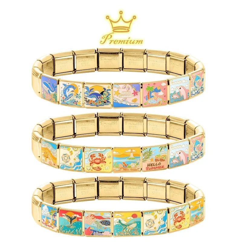 Blue Sea World Starfish Beach Summer Gold Color Italian Charm Links Fit 9mm Stainless Steel Bracelet Women Jewelry DIY Making Qme
