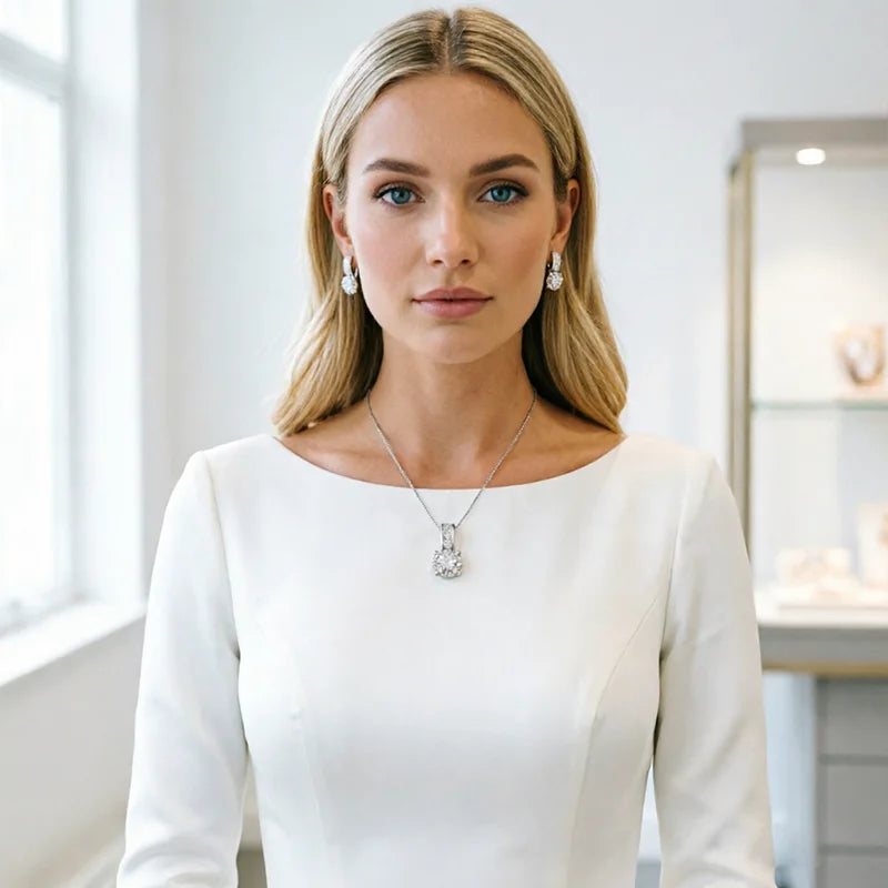 925 Sterling Silver Color Bridal Jewelry Set Classic Cubic Zircon Crystal Pendant Necklace Stud Earrings for Women Girls Gift Qme Default Title