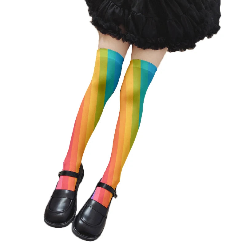 Fun Rainbow Striped Stockings Women's Sexy Fashion Multicolor Thigh Qme style2 One Size