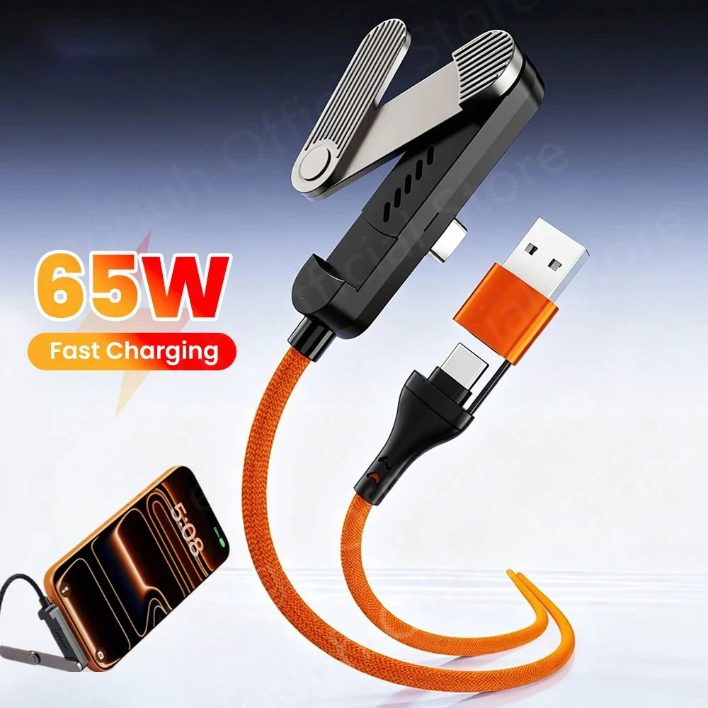 65W USB Fast Charging Cable With Foldable Phone Holder 2-in-1 Type-C Quick Charge Data Wire USB C Charging Line For Mobile Phone Qme