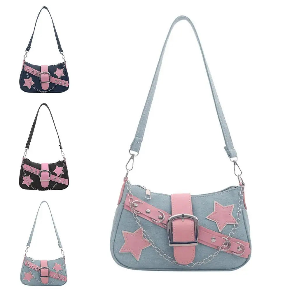 Fashion Women's Handbags Denim Stars Pattern Cool Girls Underarm Bag Female Small Shoulder Hobo Bags Chain Tote Bag Qme