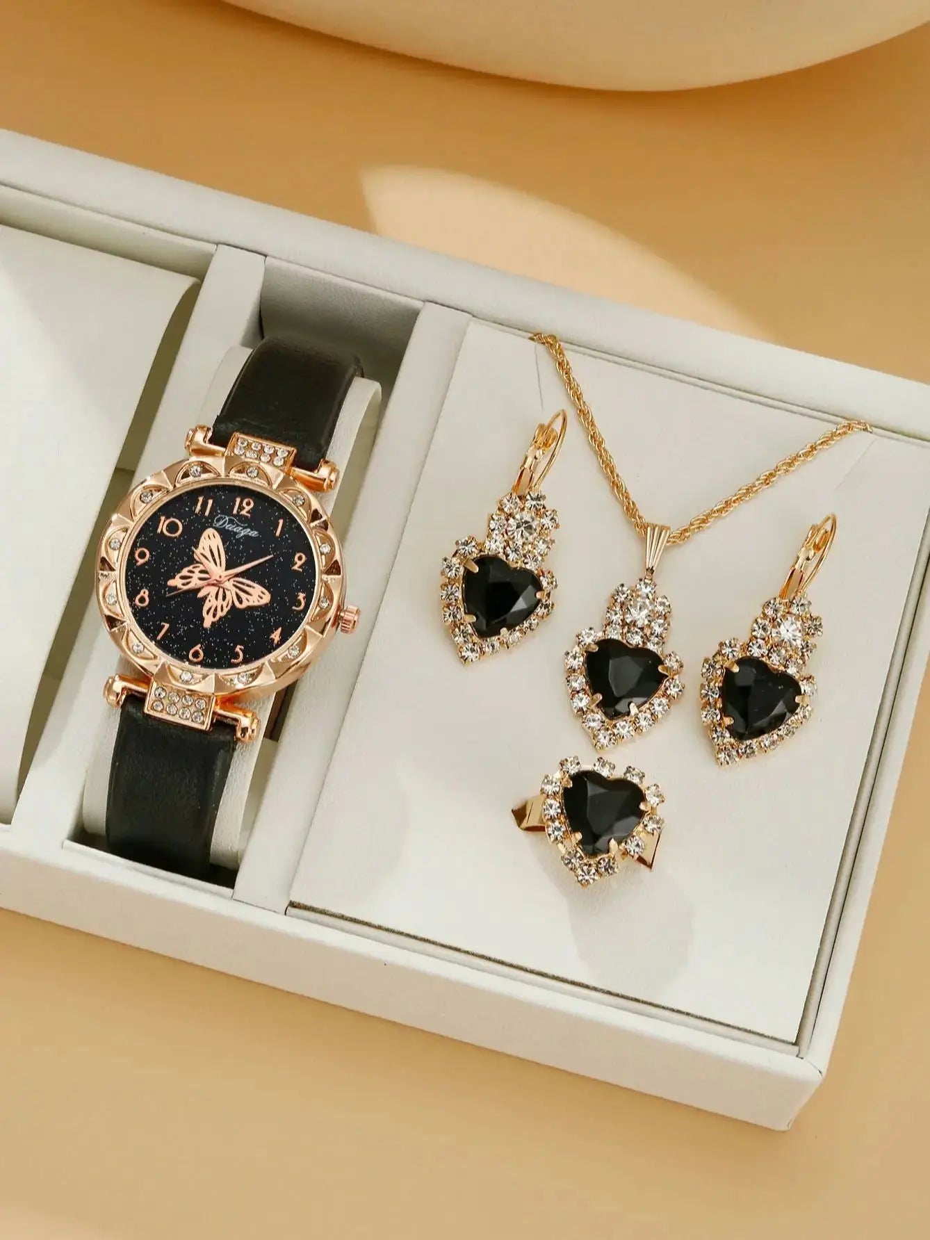 5pcs set women's fashionable and personalized minimalist classic butterfly digital belt watch quartz watch Qme black