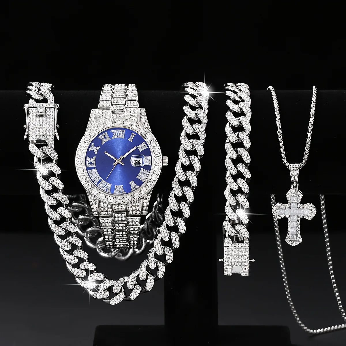 Men's Bling Jewelry Set: Silver Iced Out Watch + Cuban Link Chain + Bracelet + Blue Cross Pendant Necklace, 4Pcs Hip Hop Set Qme Multicolor