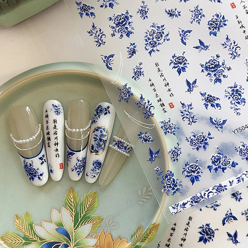 Blue White Porcelain-style 3D Nail Art Stickers Self-adhesive Qme