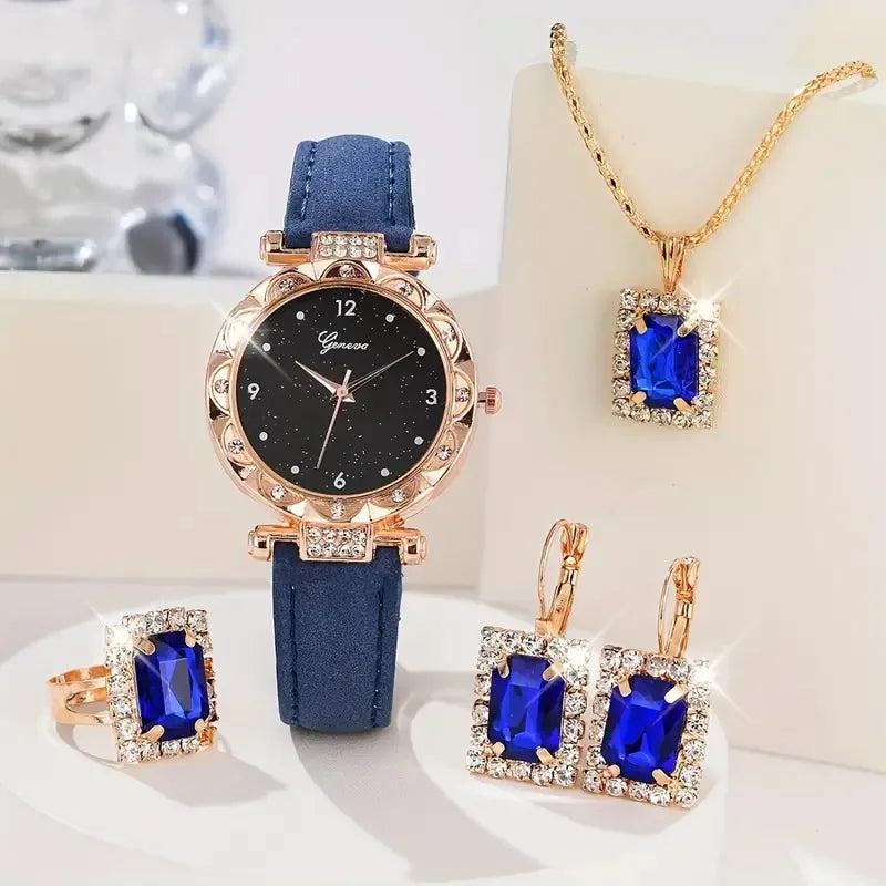 Womens Watches 5Pcs Set Luxury Rhinestone Women Fashion Elegant Wristwatch Quartz Watch For Girl WristWatch Bracelet Gift Qme Blue