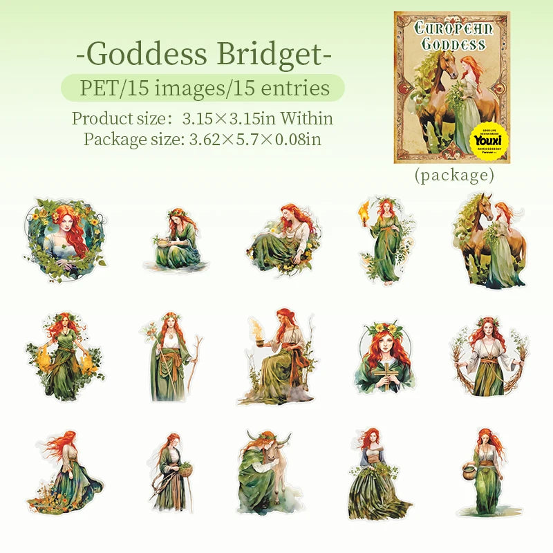 European Goddess Mythology Theme PET Stickers 15 Sheets for Scrapbooking Journal DIY Decoration Collage Diary Qme 3
