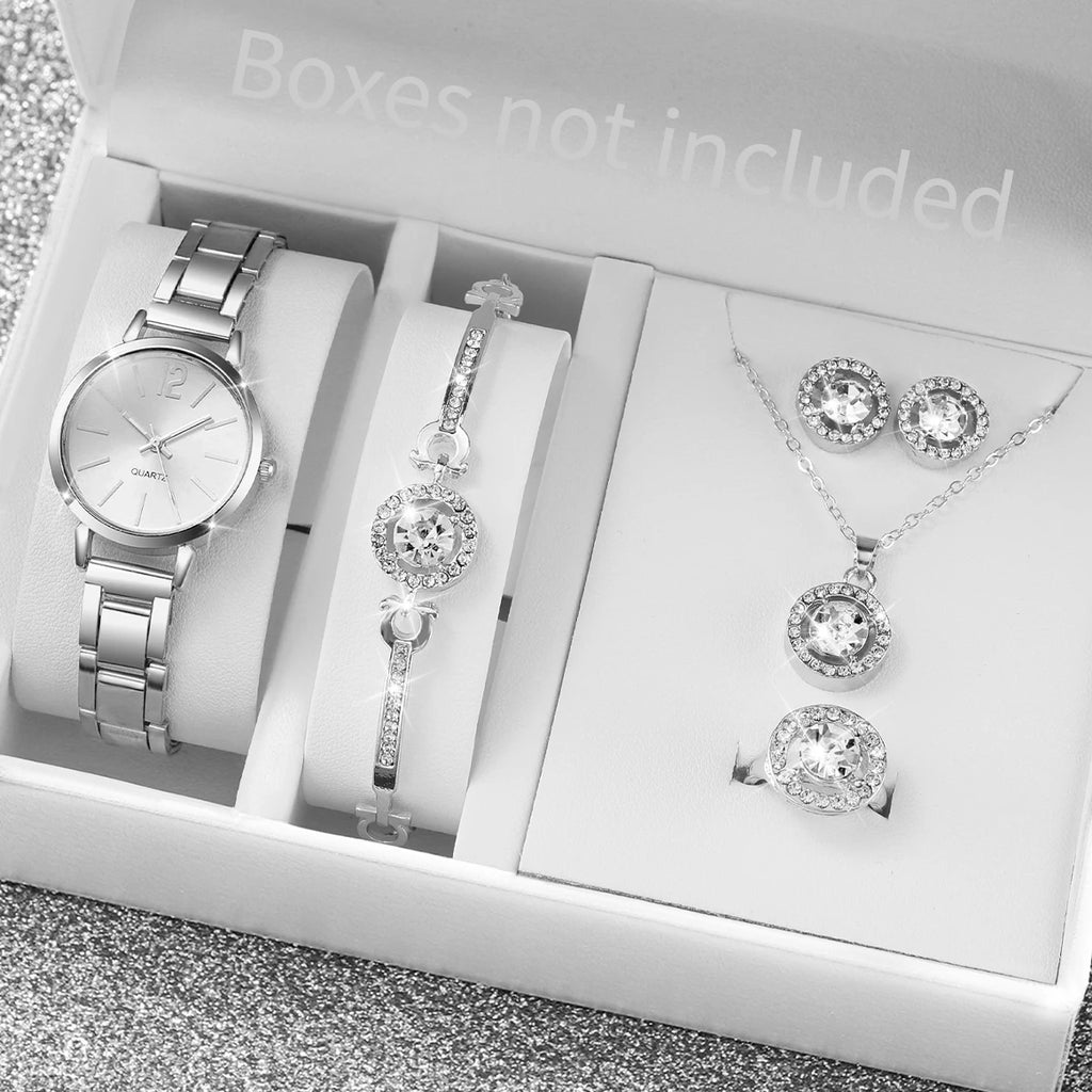 6 Pçs/set Mulheres Relógios Moda Banda de Aço Inoxidável Relógio de Quartzo Jóias de Diamante (Sem Caixa) Qme Silver