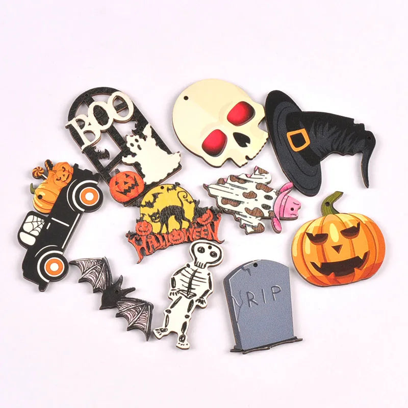10pcs 18-60mm Creative Witch/Pumpkin/Bat Wooden Pendant Hanging Decortaions DIY Crafts Halloween Ornaments Party Decor Home Gift Qme